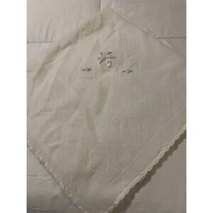 Vintage Baby Blanket White Floral Ribbon Orlon Acrylic 34” Nursery